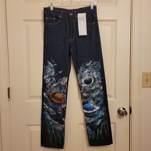 Handcukk Men Artistic Jeans Hand Painted Universe Size 30x30 Blue Straight Leg